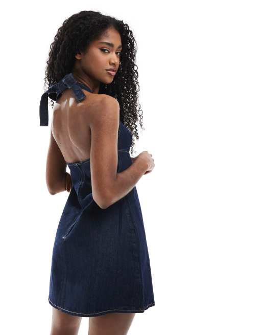 black denim halter dress Washed Denim Halter Neck Sleeveless Mini Dress Blue Small / Blue main image 1