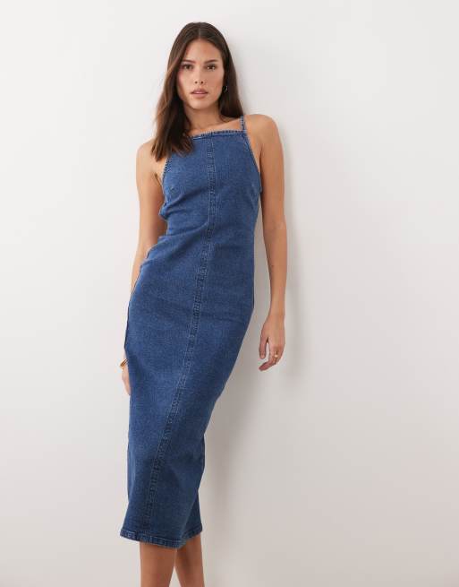 ASOS DESIGN denim halter midaxi dress with back detail in mid blue, 3 of 4