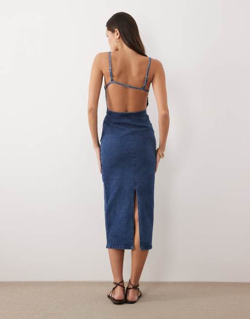ASOS DESIGN denim halter midaxi dress with back detail in mid blue, 4 of 4