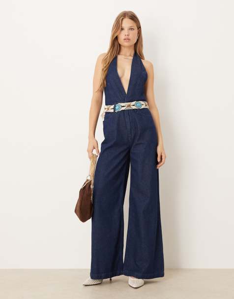 ASOS DESIGN denim halter neck jumpsuit with wide leg in rinse wash - view 1