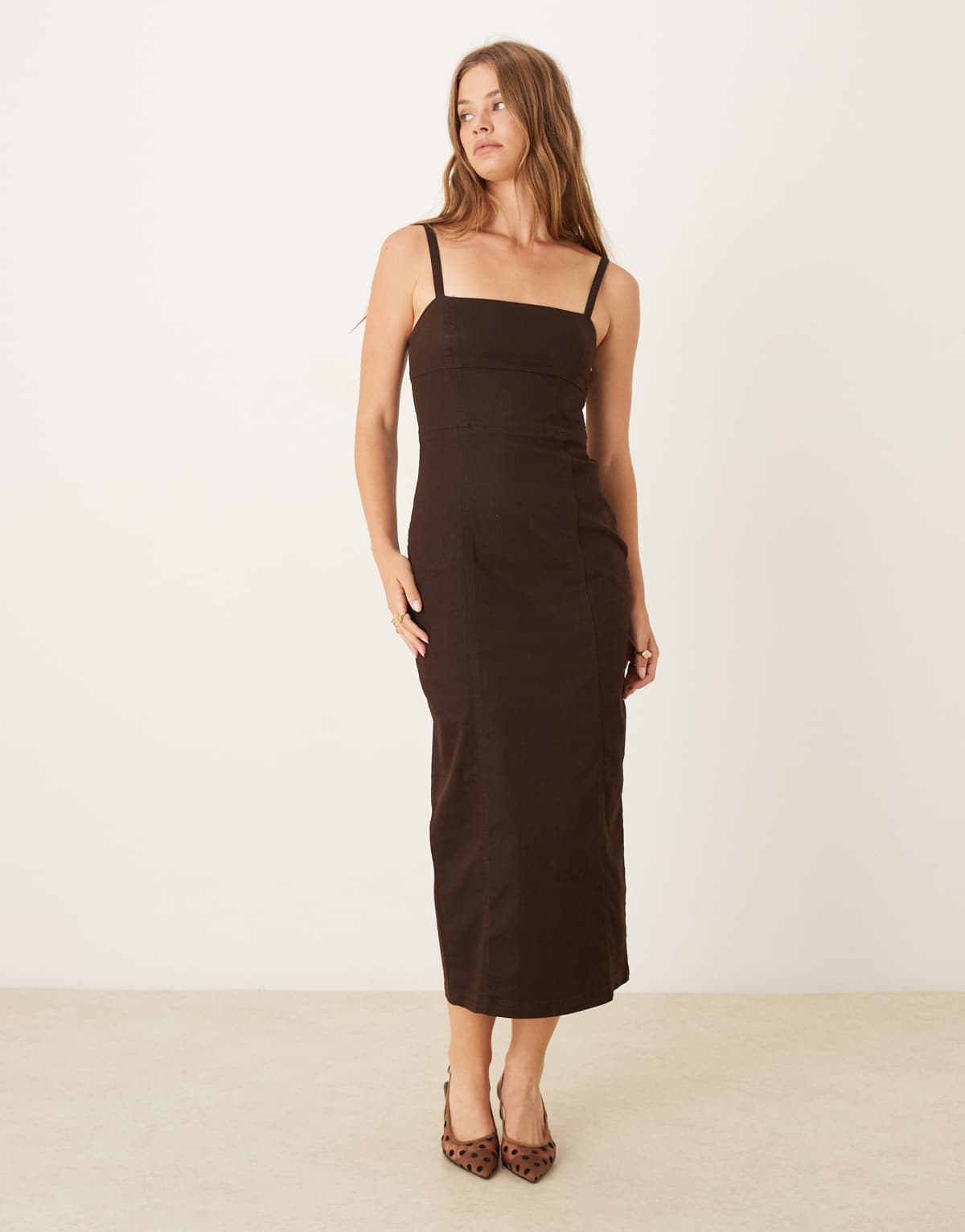 ASOS DESIGN denim halter neck midaxi dress in chocolate