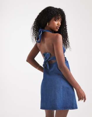 denim halter neck mini dress in mid blue