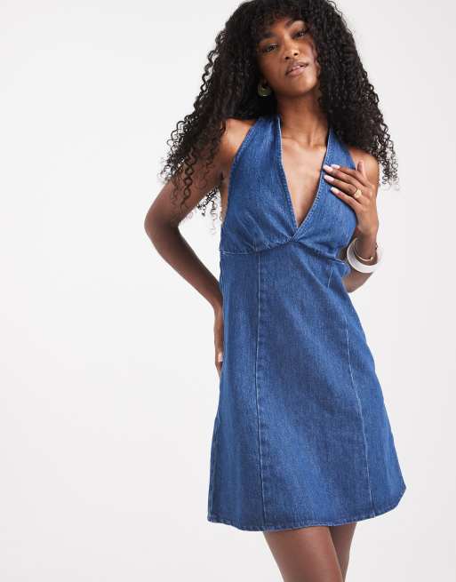 white christmas dresses Ava Denim Halter Neck Dress – Elevate Boutique main image 0