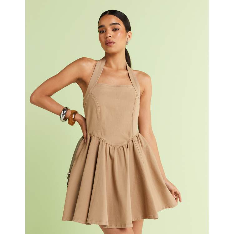 ASOS Design denim halter neck mini dress in neutral-Blue