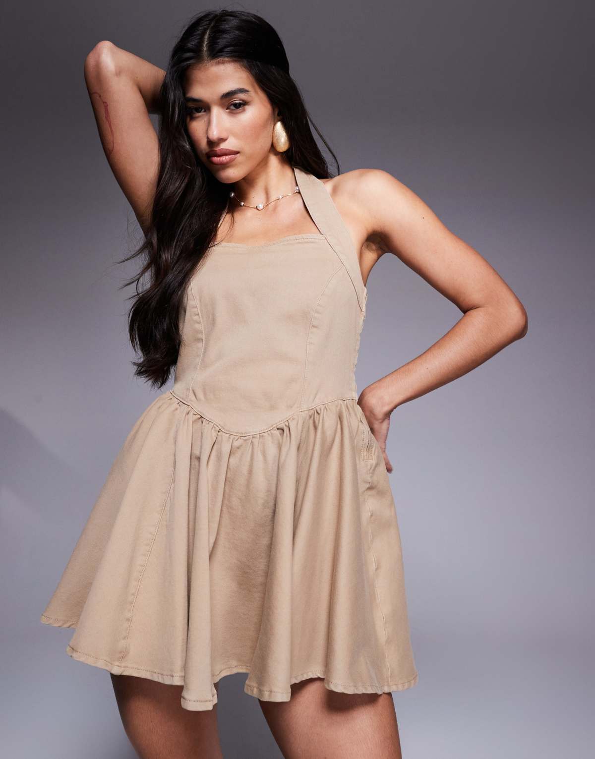 ASOS DESIGN denim halter neck mini dress in neutral