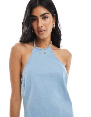 Asos Design Denim Halter Neck Mini Shift Dress In Blue