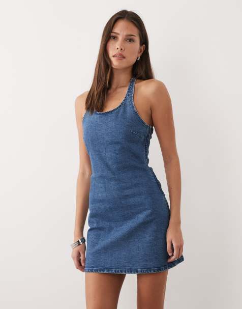 ASOS DESIGN denim halter neck stretch mini dress in vintage blue - view 1