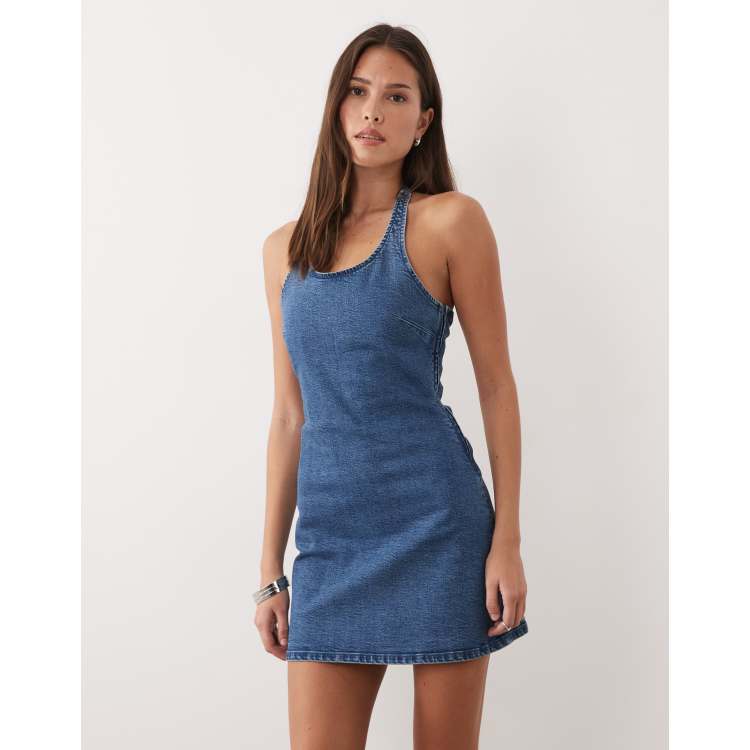 ASOS DESIGN denim halter neck stretch mini dress in vintage blue | ASOS