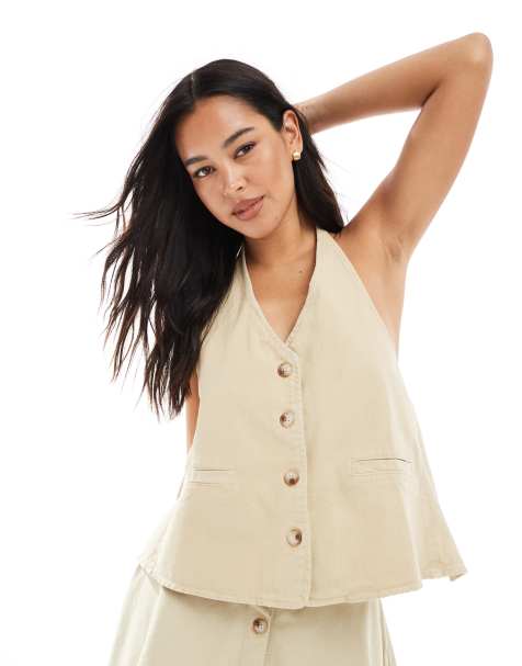 ASOS DESIGN denim halter neck tie back wiastcoat co-ord in sand - view 1