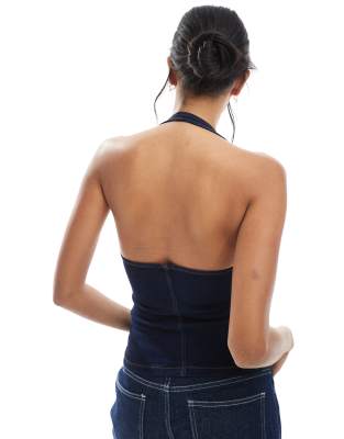 Asos Design Denim Halter Neck Top With Zip Front And Studs In Blue