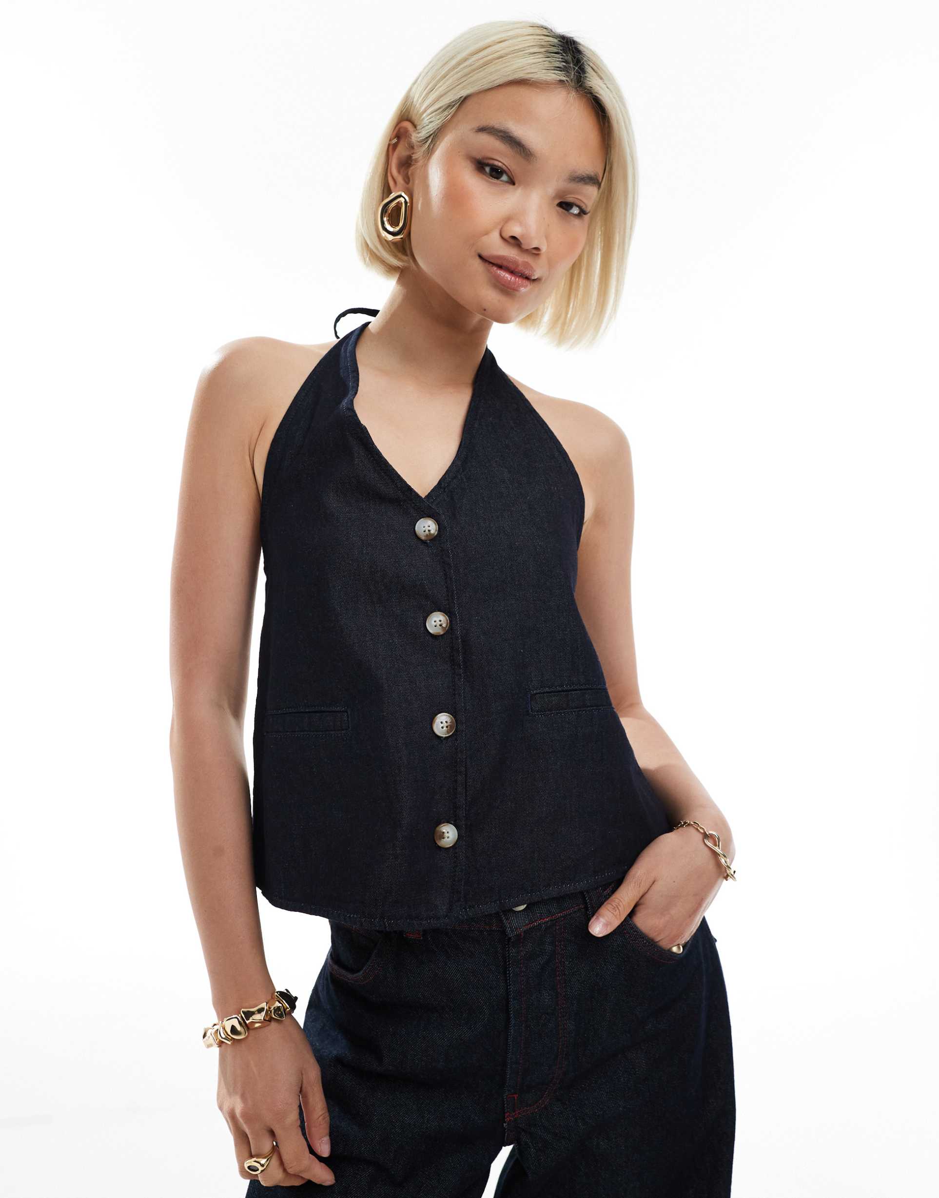 asos design denim halter neck vest top with open back in rinse