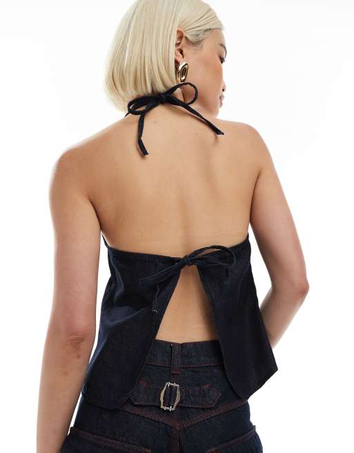 ASOS DESIGN denim halter neck vest top with open back in rinse, 2 of 4