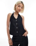 [ASOS DESIGN] ASOS DESIGN denim halter neck waistcoat top with open back in rinse-Blue 16 Rinse