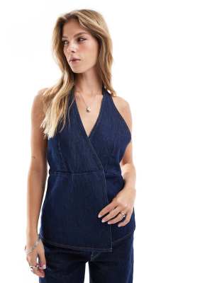 denim halter top with belt in indigo-Blue