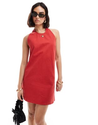 denim halterneck dress in red