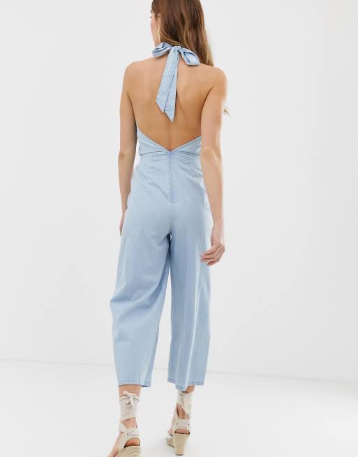 ASOS DESIGN denim halterneck jumpsuit with wide leg in lightwash blue, 4 of 4