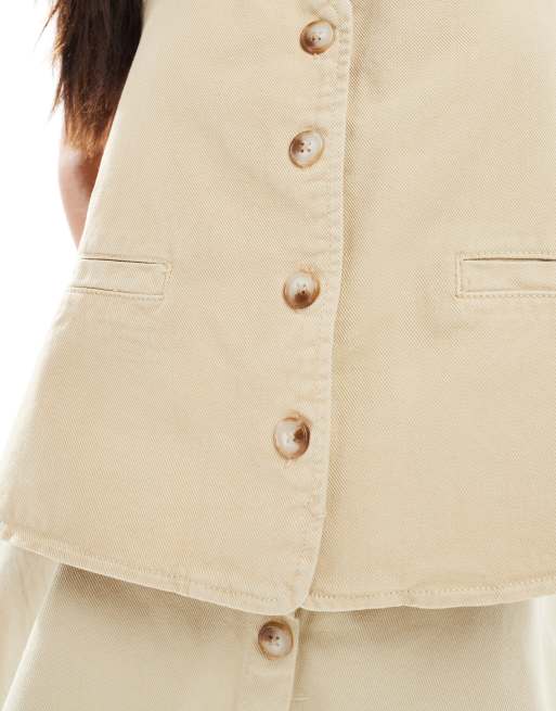 ASOS DESIGN denim halterneck tie back vest in sand - part of a set, 3 of 4