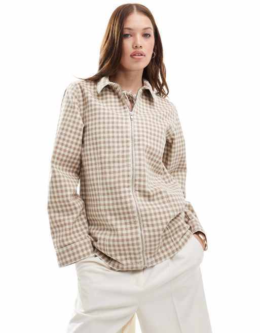 ASOS DESIGN - Denim Harrington jack met gingham ruit in bruin, 3 van 4