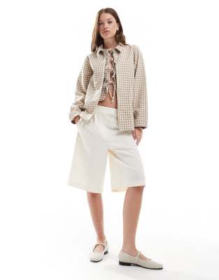 Asos Design Denim Harrington Jacket In Brown Gingham-multi