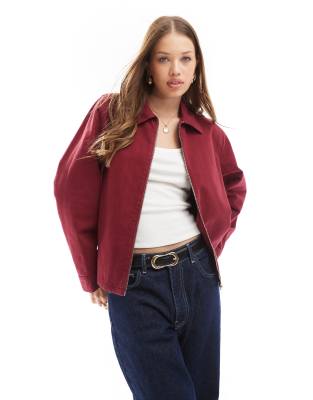 denim harrington jacket in burgundy-Red