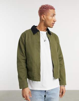 Asos Design Denim Harrington Jacket In Khaki With Black Corduroy