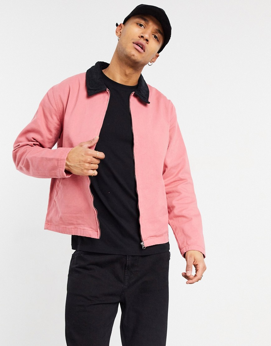ASOS DESIGN denim harrington jacket in pink with black corduroy collar