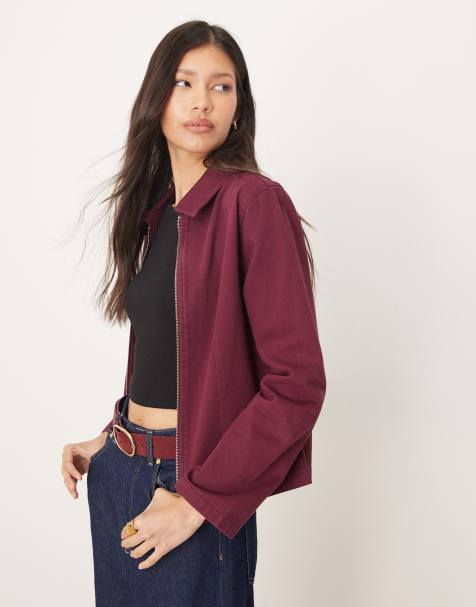 ASOS DESIGN denim Harrington jacket in plum - part of a set - view 1
