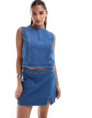 denim high neck top in mid blue