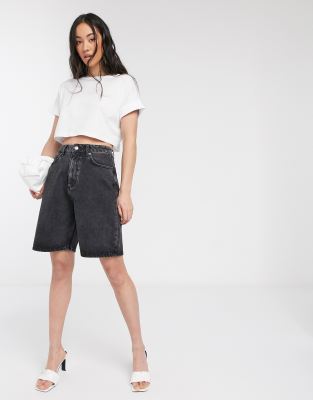 фото Asos design denim high rise easy wide leg shorts in washed black-черный