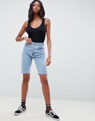 high waisted longline denim shorts