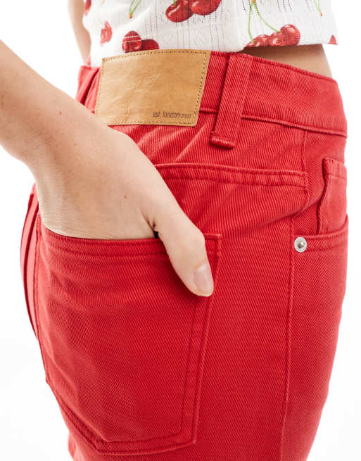 ASOS DESIGN denim high rise mini skirt in red