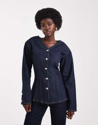 Asos Design Denim High V-neck Cinch Shirt In Blue
