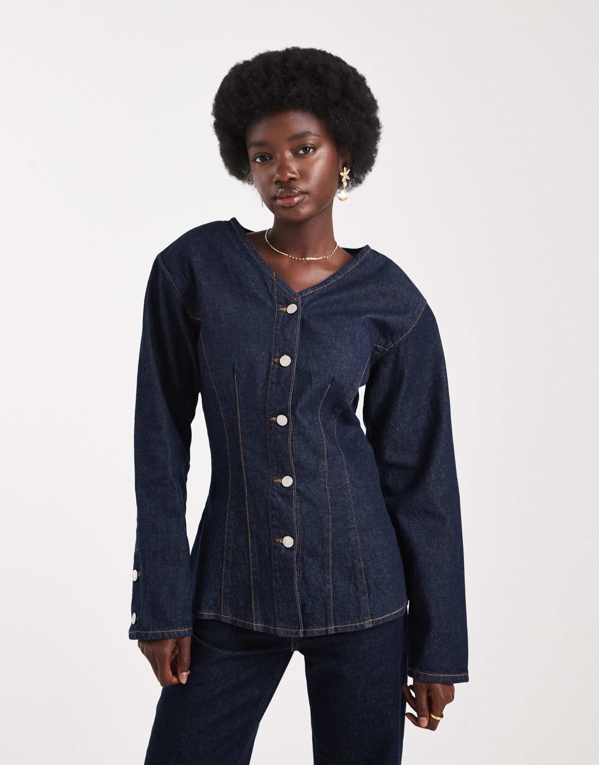 asos design denim high v-neck cinch shirt in indigo