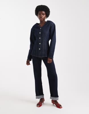 Asos Design Denim High V-neck Cinch Shirt In Blue