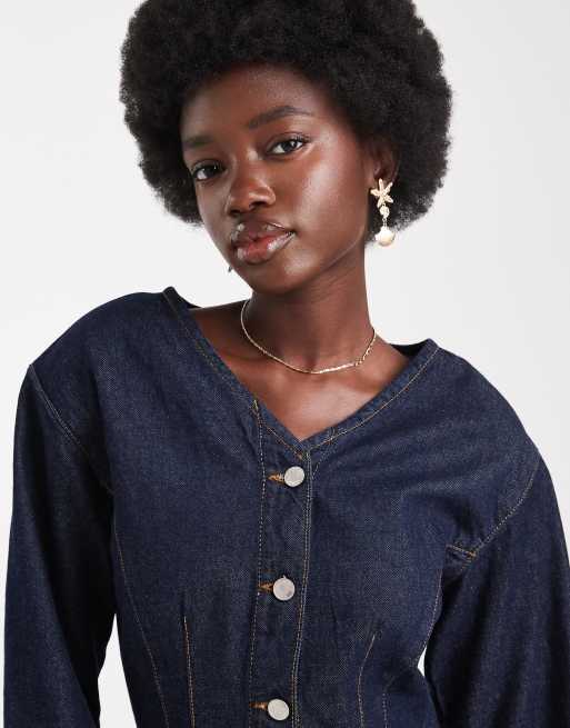ASOS DESIGN denim high v neck cinch shirt with shoulder pads in indigo, 3 of 4