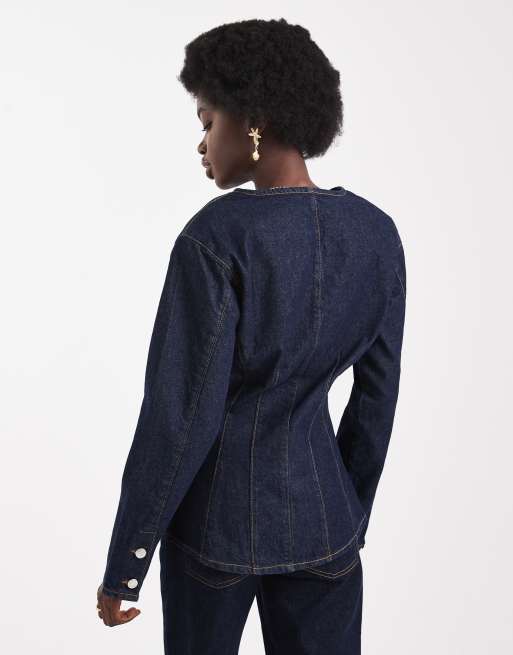 ASOS DESIGN denim high v neck cinch shirt with shoulder pads in indigo, 4 of 4