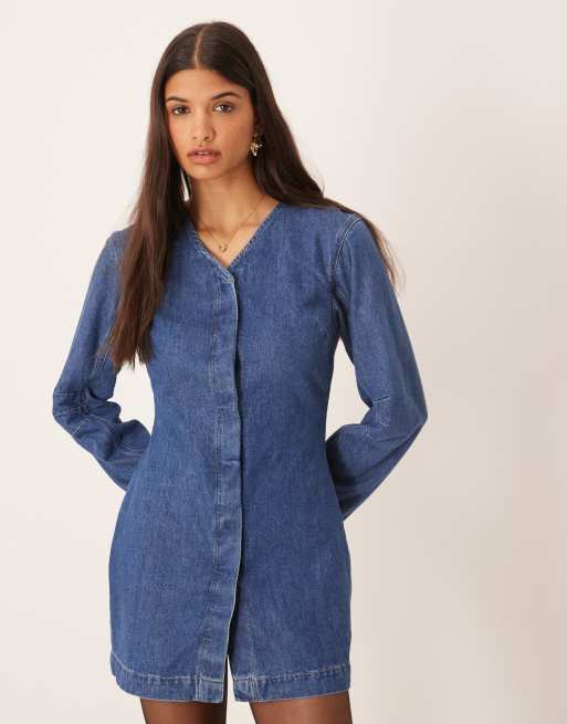 ASOS DESIGN denim high v-neck mini dress with cocoon sleeve in indigo, 2 of 4