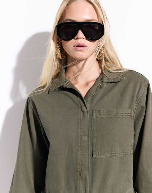 ASOS DESIGN denim horn leg jumpsuit in khaki, 2 of 8