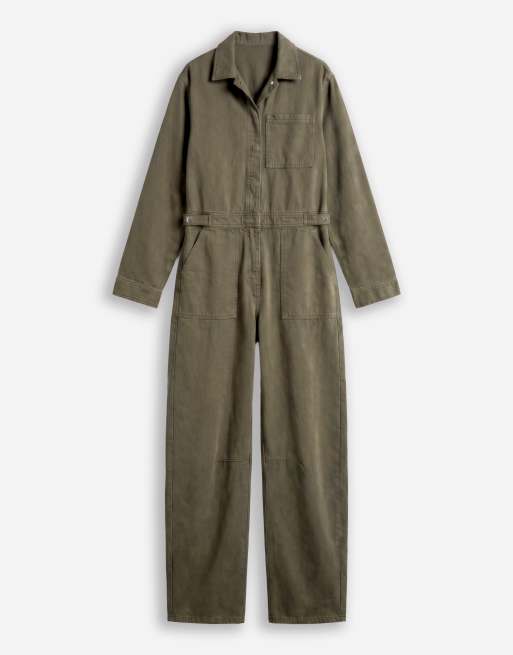 ASOS DESIGN denim horn leg jumpsuit in khaki, 5 of 8