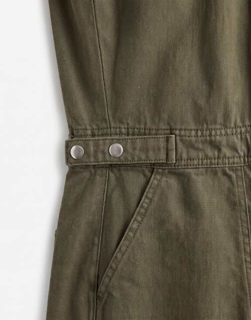ASOS DESIGN denim horn leg jumpsuit in khaki, 7 of 8