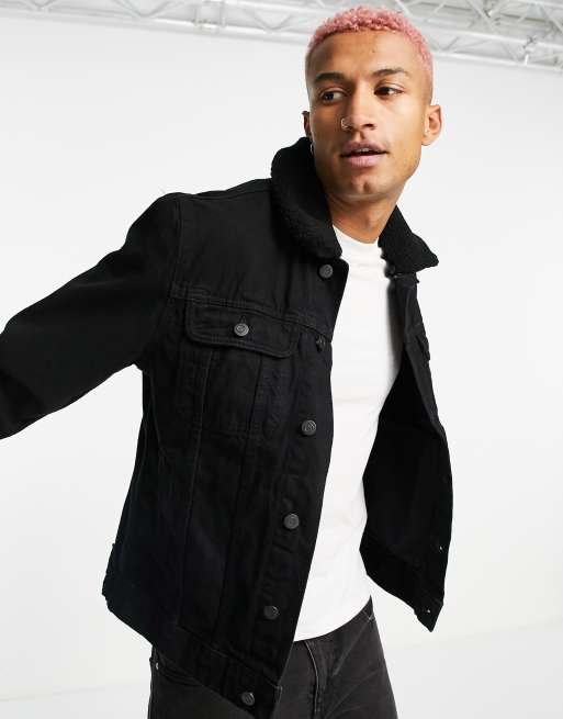 ASOS DESIGN - Denim jack met borgkraag in zwart
