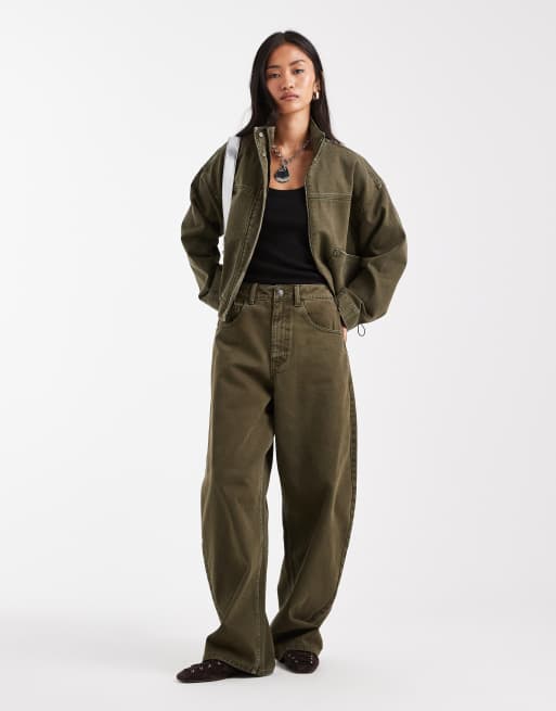 ASOS DESIGN - Denim jack met opstaande boord in kaki, deel van co-ord set, 4 van 4