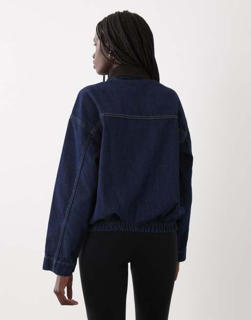 ASOS DESIGN denim jack met rits en contrasterende kraag in donker middenblauw, 4 van 4