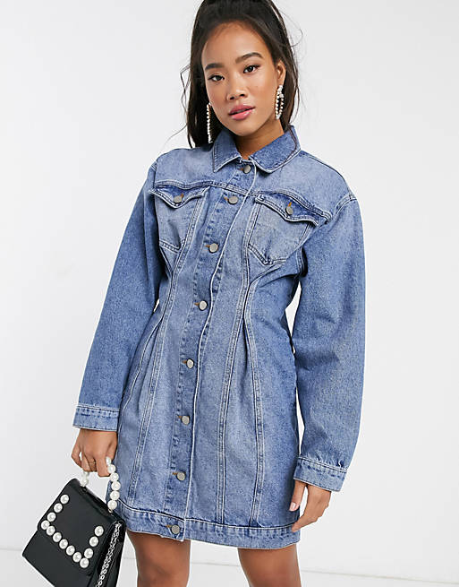 ASOS DESIGN denim jacket dress with pinched front seams in mid wash ...