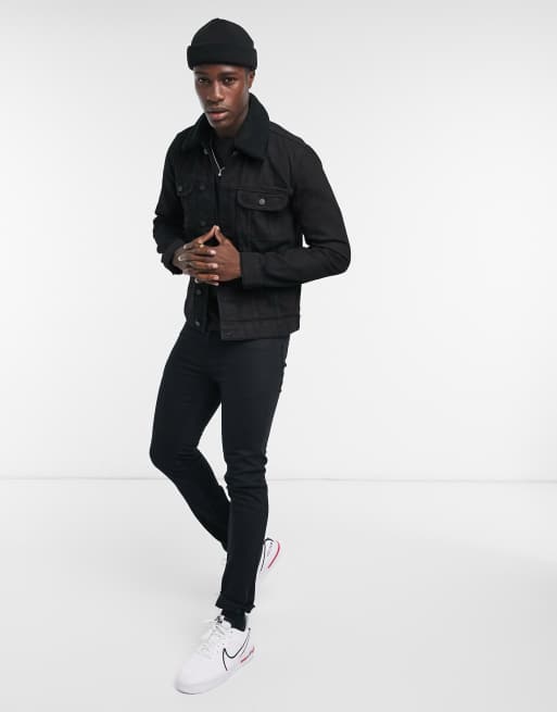 ASOS DESIGN denim jacket in black with black borg collar