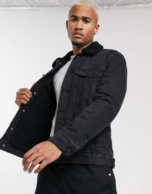 Borg lined black outlet denim jacket