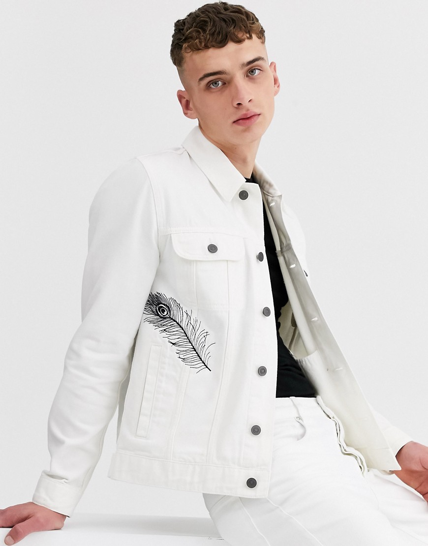 ASOS DESIGN denim jacket in ecru with embroidery-Cream