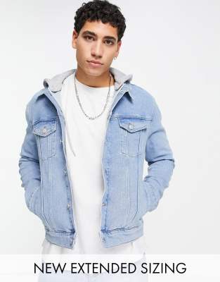 ASOS DESIGN denim jacket in light wash blue with detachable jersey hood - ASOS Price Checker