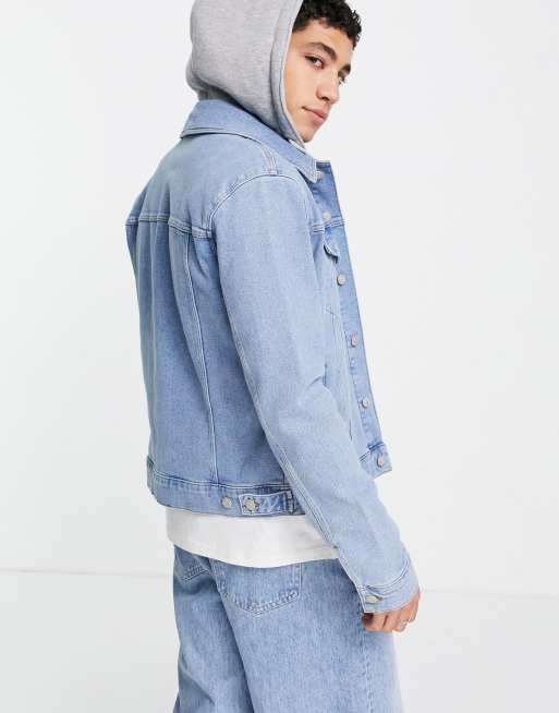 ASOS DESIGN denim jacket in light wash blue with detachable jersey hood