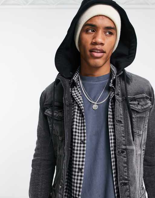 ASOS DESIGN denim jacket in washed black with detachable jersey hood, 2 of 4